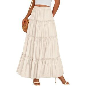 Women's Beige Boho Long Flowy A Line Tiered Beach Vacation Clothes Maxi Skirt
